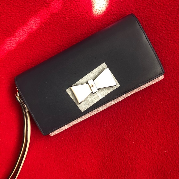 Kate Spade New York Navy blue ivory bow leather wallet Wristlet - Picture 1 of 7